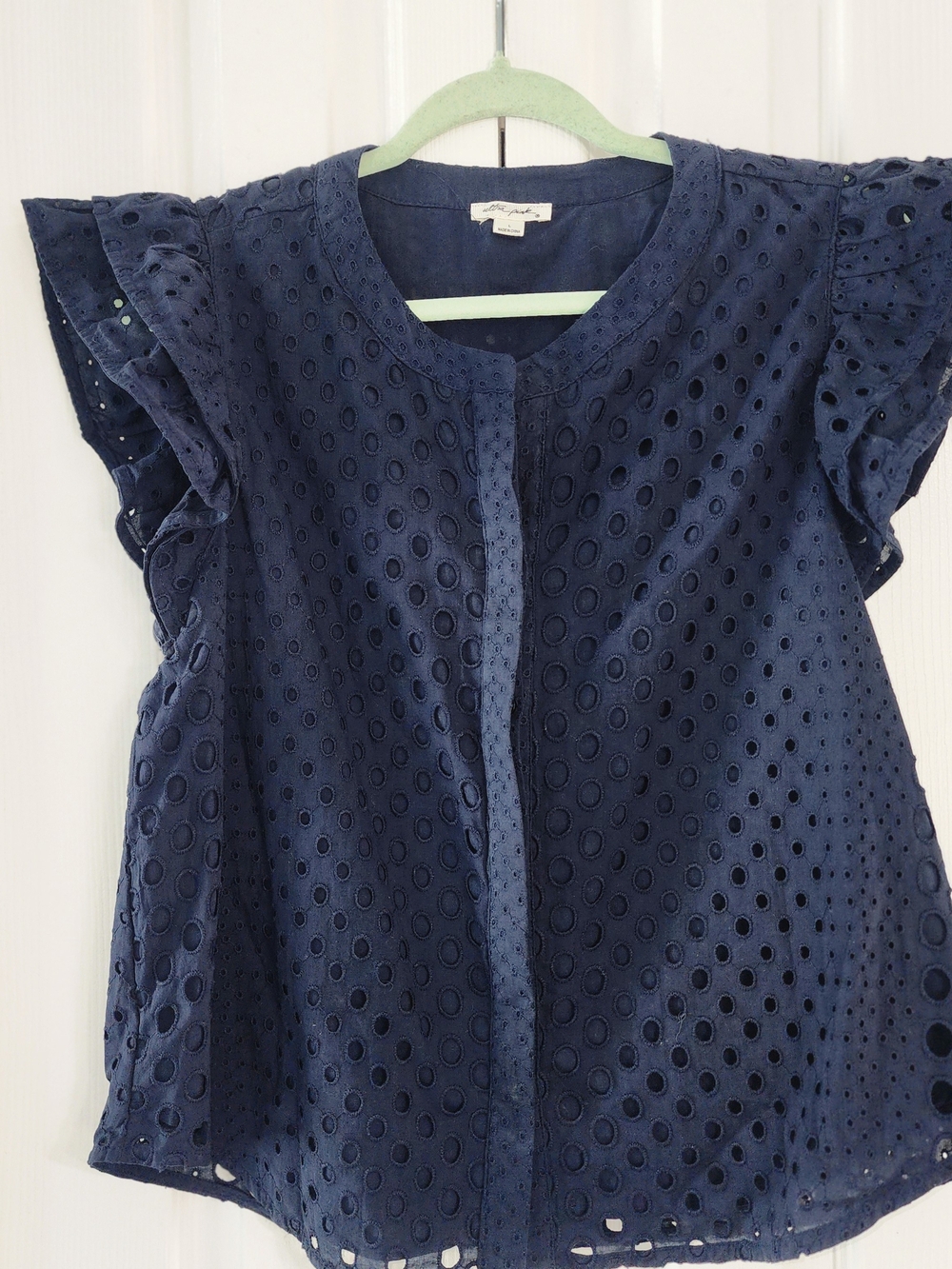 Ultra Pink Navy Eyelet Button-Down Blouse Cotton
